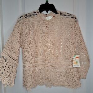 Mele E Pere Tan Cropped Lace Bell Sleeve Blouse Size Large Juniors